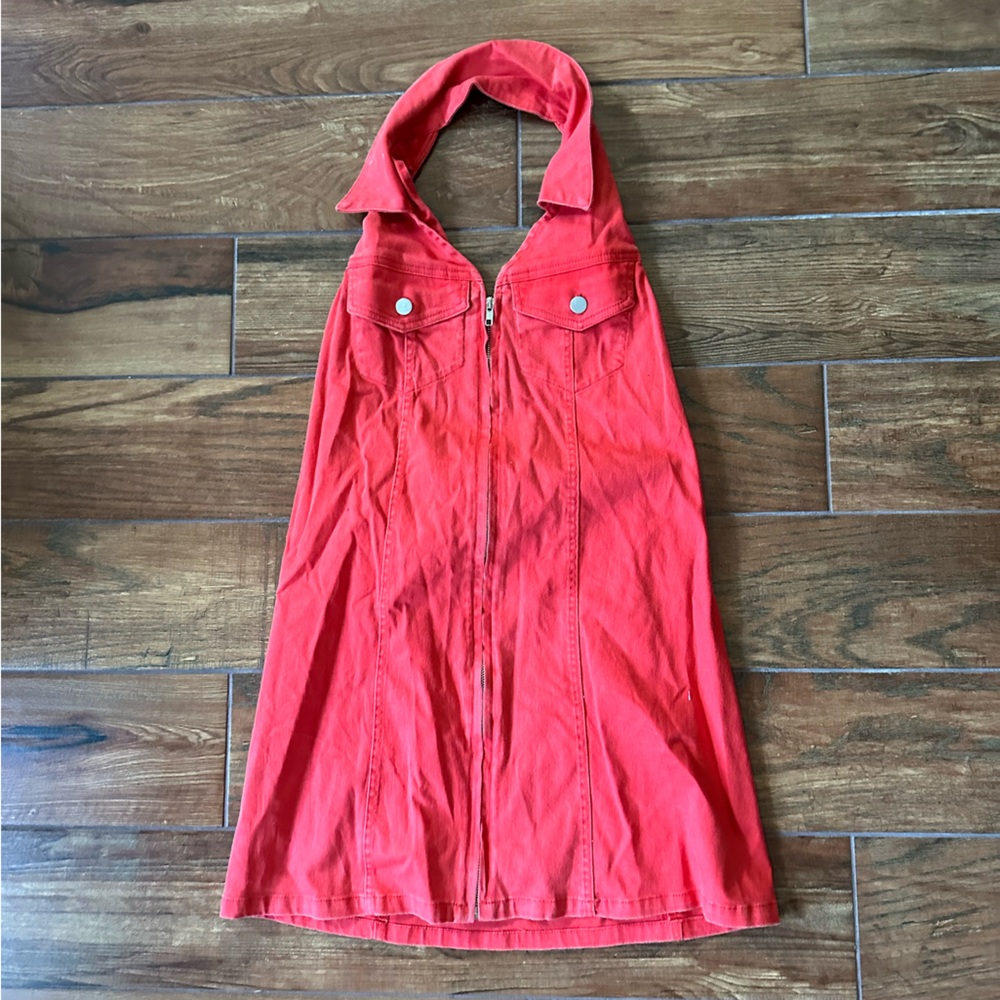 NWT red halter denim game day dress